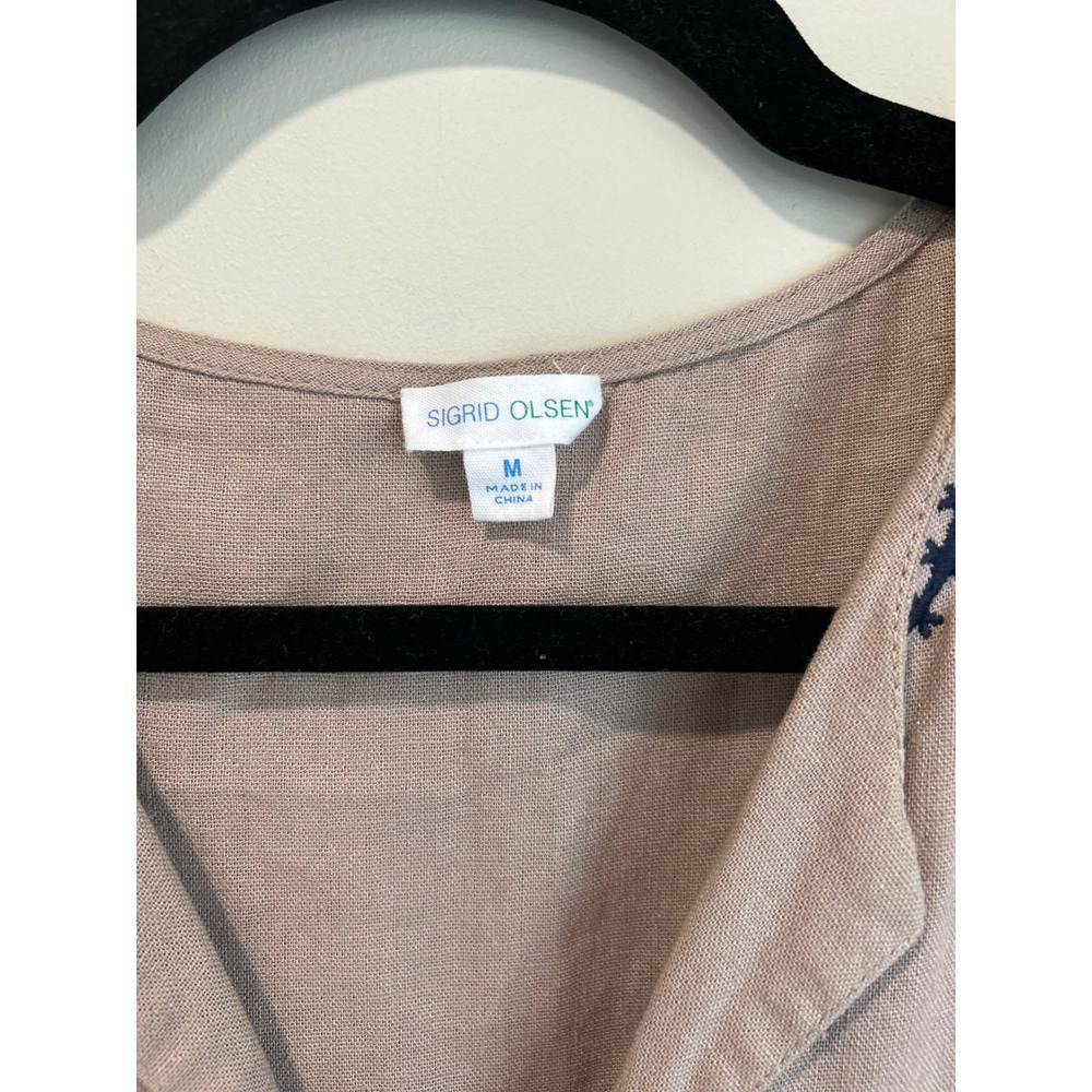 Sigrid Olsen Tan Linen Blend Embroidered Sleeveless Maxi Dress Boho Tan Navy M - Picture 5 of 8